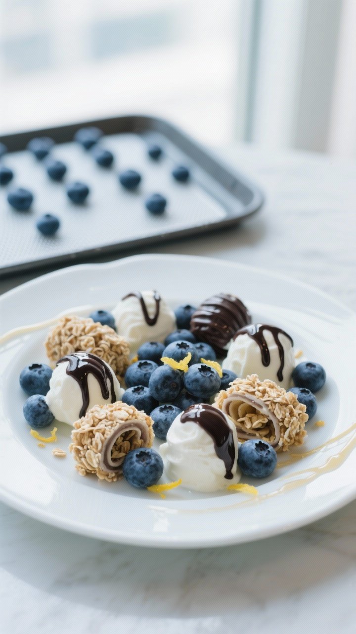 Overhead final presentation of a mixed-variation platter: a chilled white ceramic plate filled with