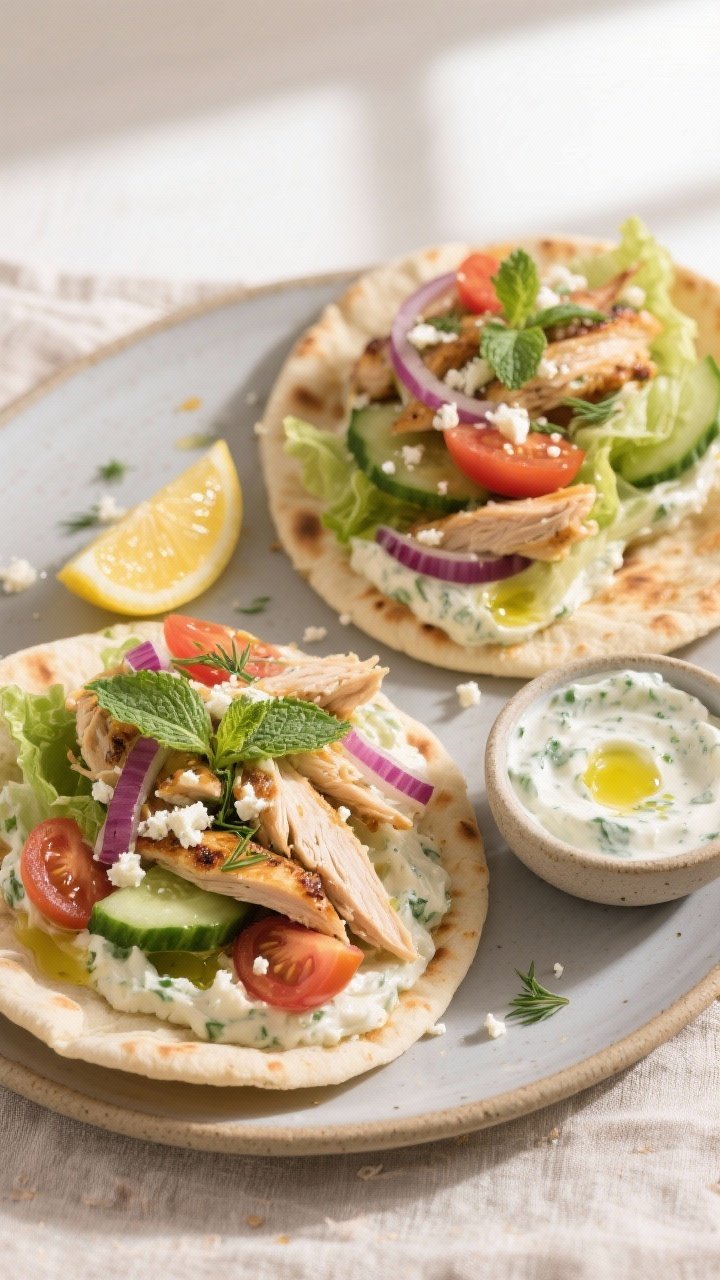 Overhead final presentation of assembled chicken gyros: warm Greek-style pita spread with creamy tza