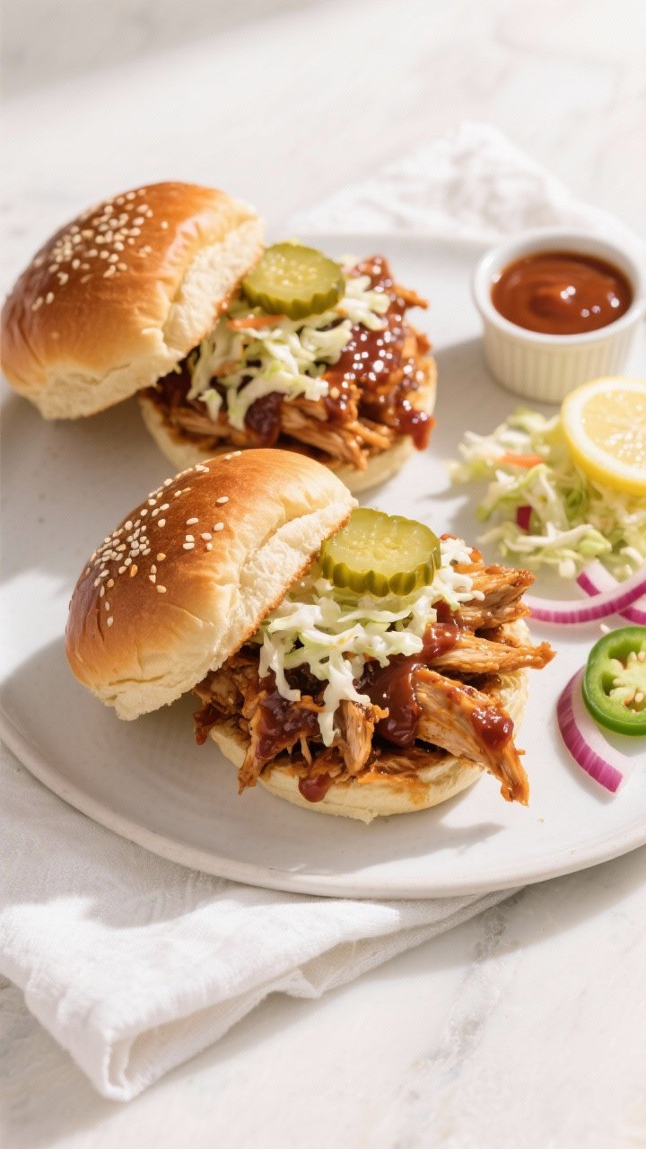 Overhead final presentation of BBQ pulled chicken sandwiches on toasted brioche buns, piled high wit