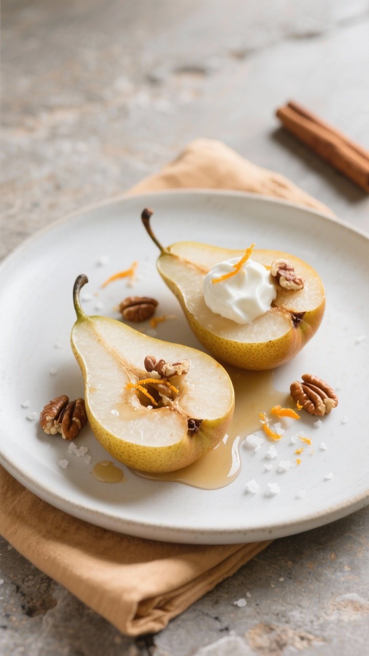 Overhead final presentation of Healthy Apple Stuffed Pears plated for serving: two pear halves on a 