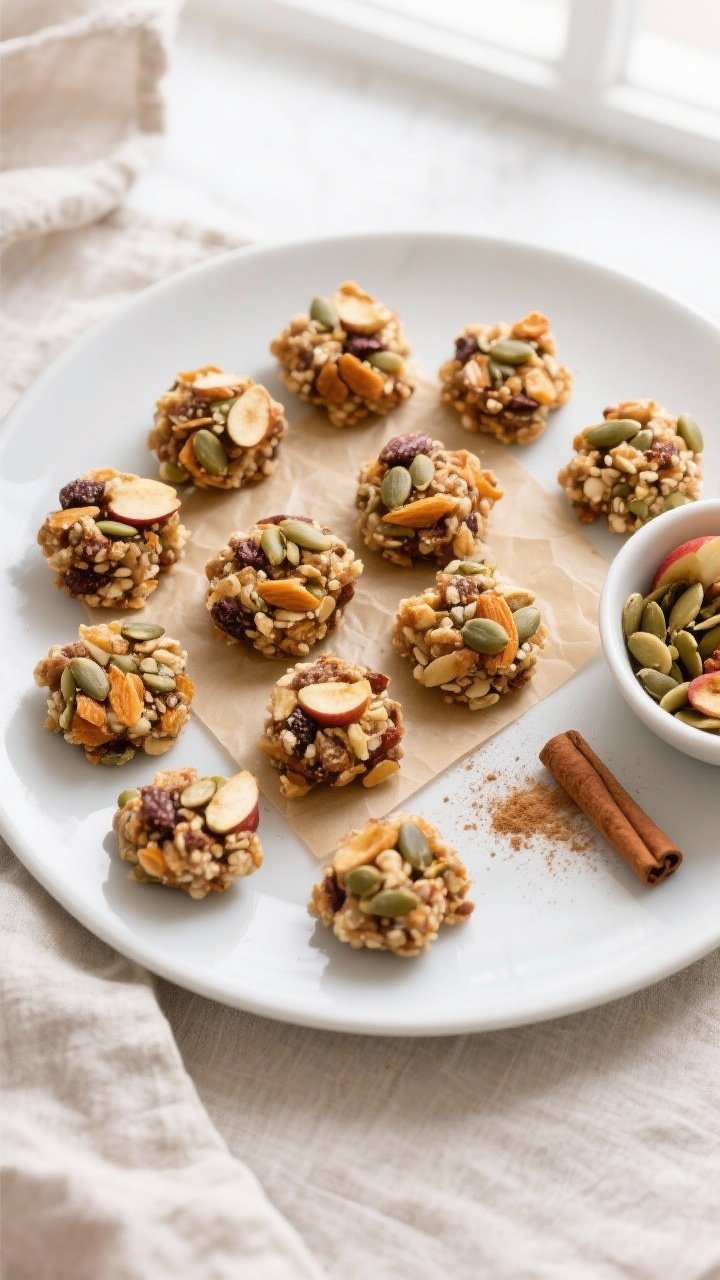 Overhead final presentation of Healthy Apple Trail Mix Clusters arranged on a matte white plate with