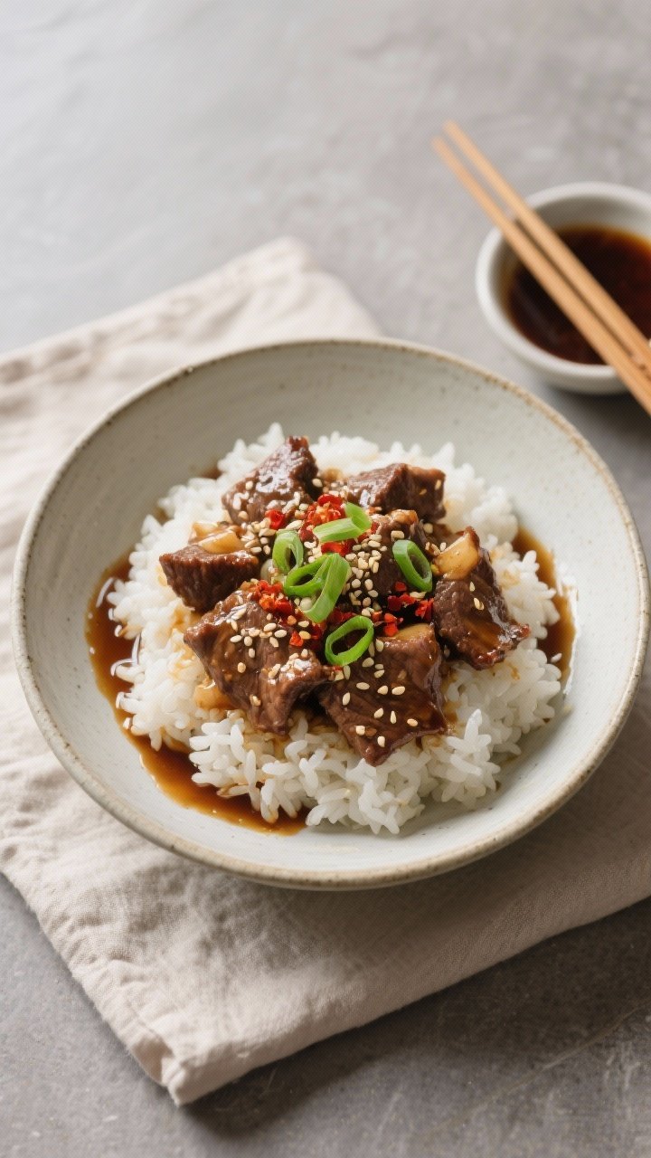 Overhead final presentation of honey garlic beef served over steamy white rice in a wide, shallow ce