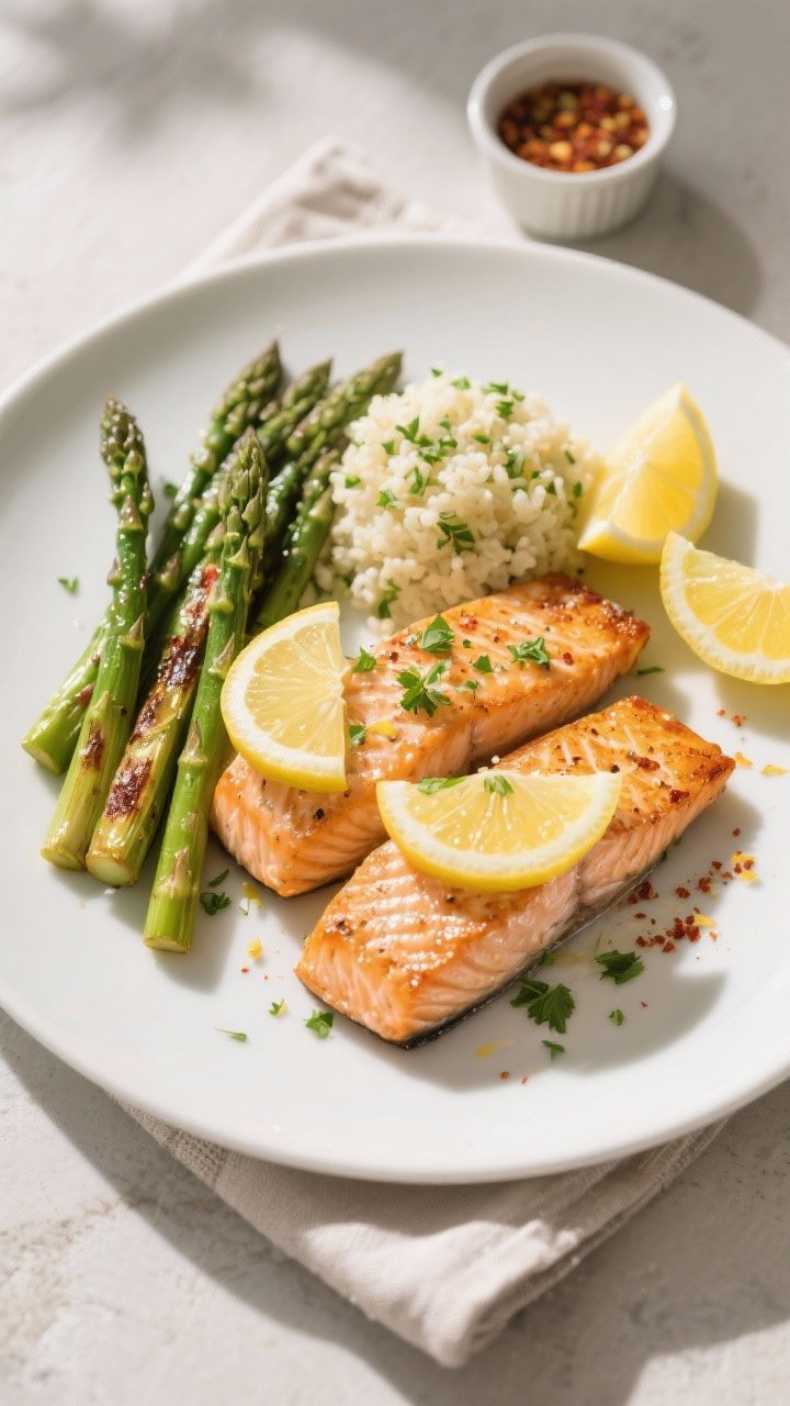 Overhead final presentation of Low Carb Lemon Pepper Salmon plated restaurant-style: two fillets wit