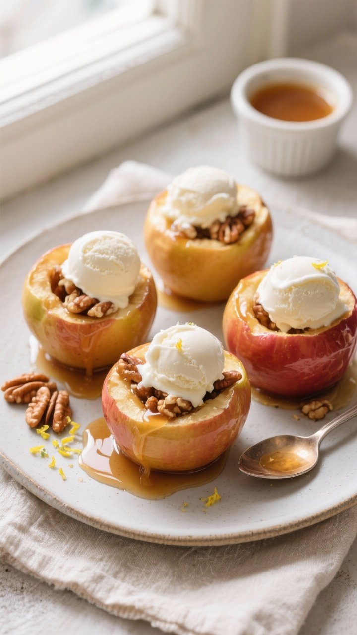 Overhead final presentation of Simple Baked Apples with Walnuts served à la mode: four upright bake