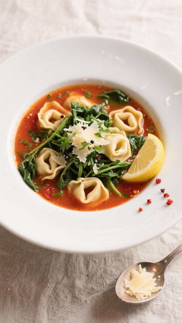 Overhead final presentation of Spinach Tortellini Soup in a wide white bowl: tender cheese tortellin
