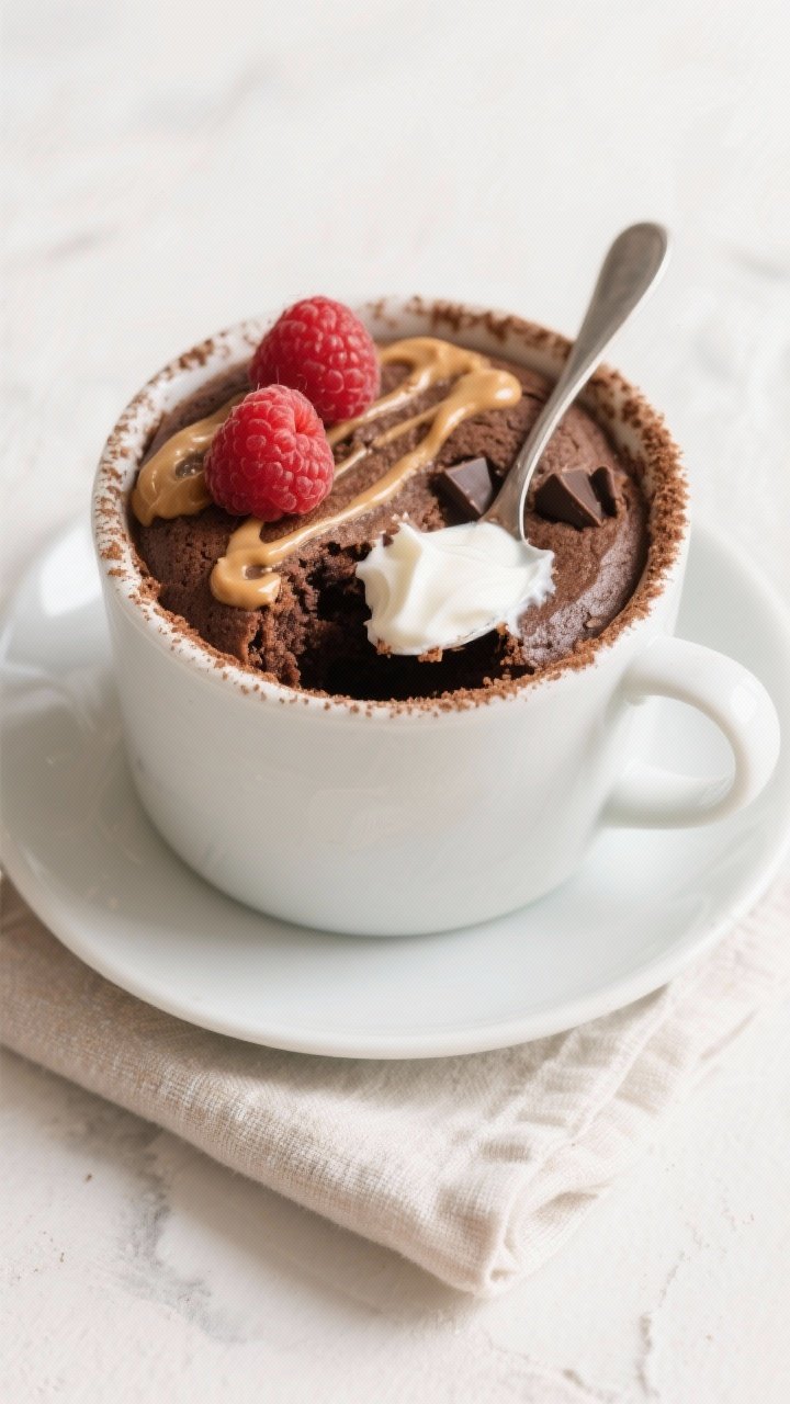 Overhead final presentation of the chocolate mug cake after a 1–2 minute rest, shown with a neat s