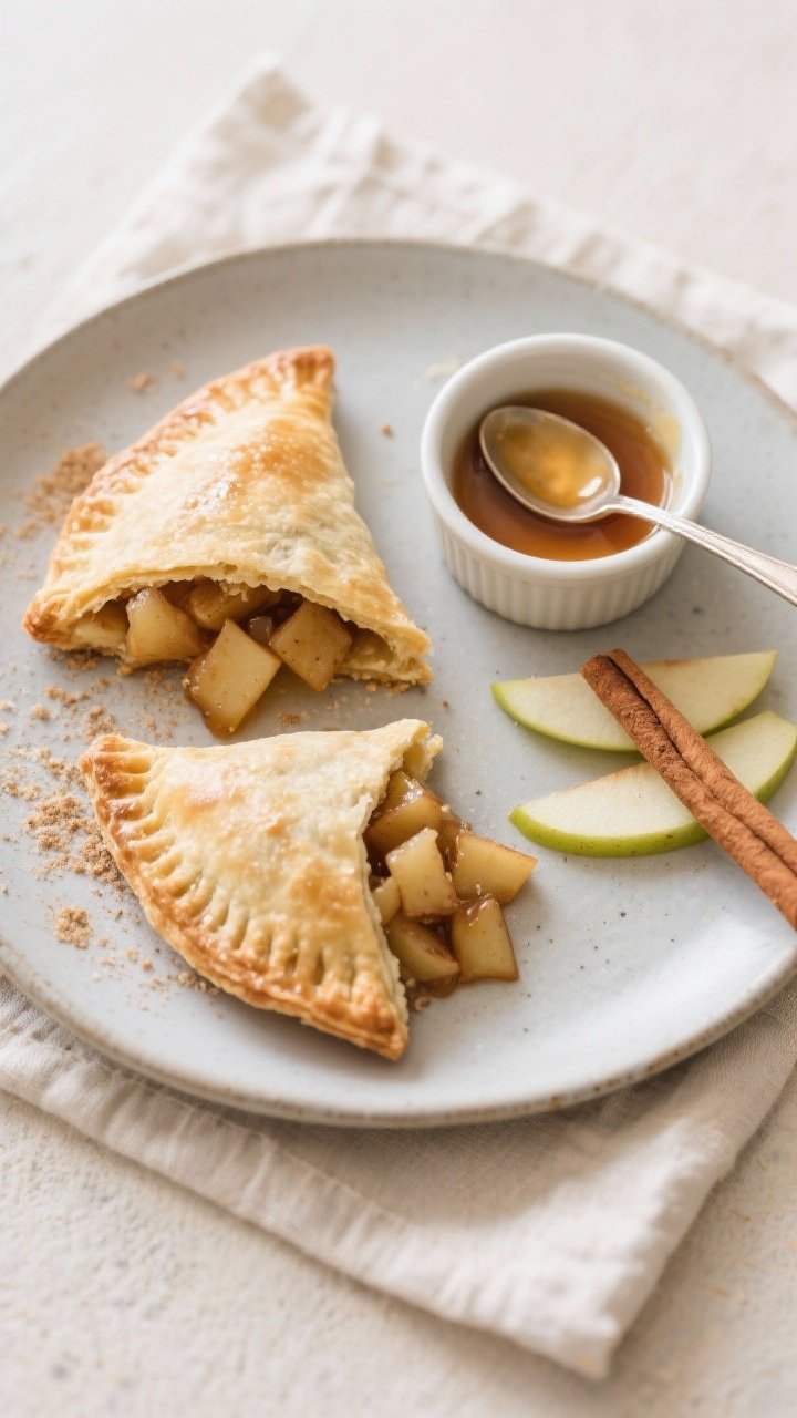 Overhead final presentation of two triangular vegan apple turnovers on a matte ceramic plate, one cu