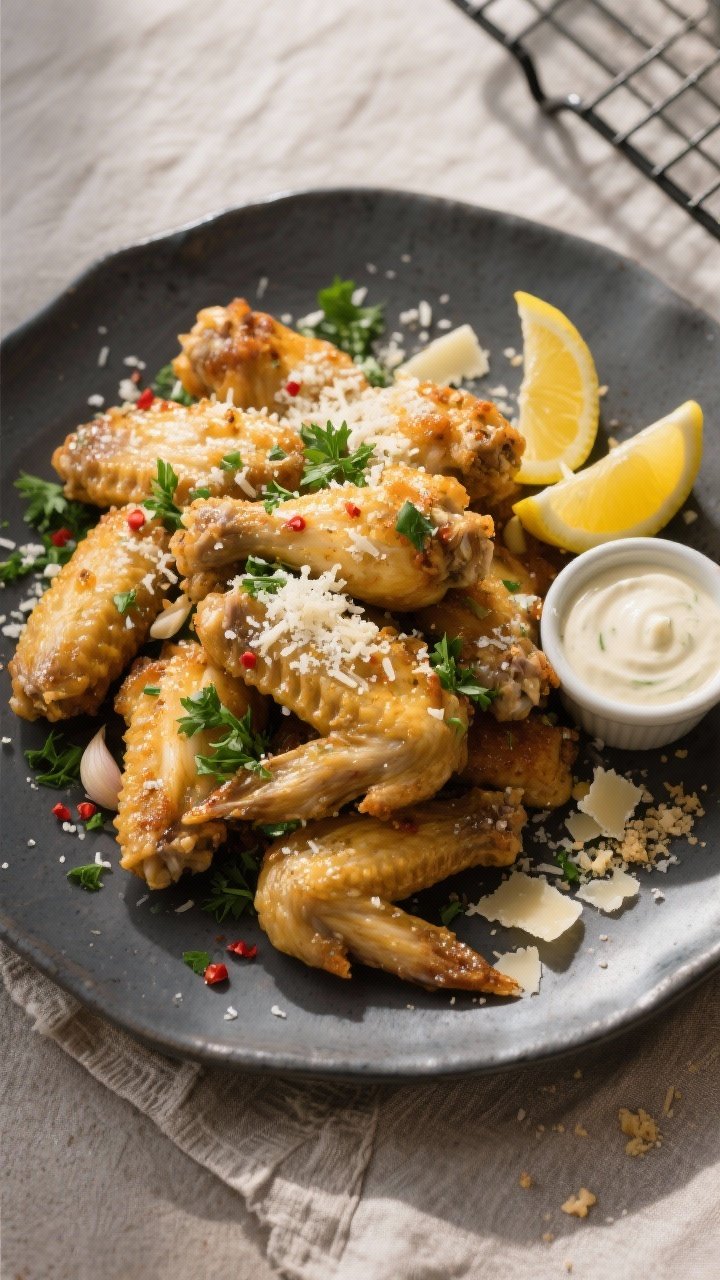 Overhead final presentation: Platter of garlic parmesan chicken wings tossed in butter, fresh minced