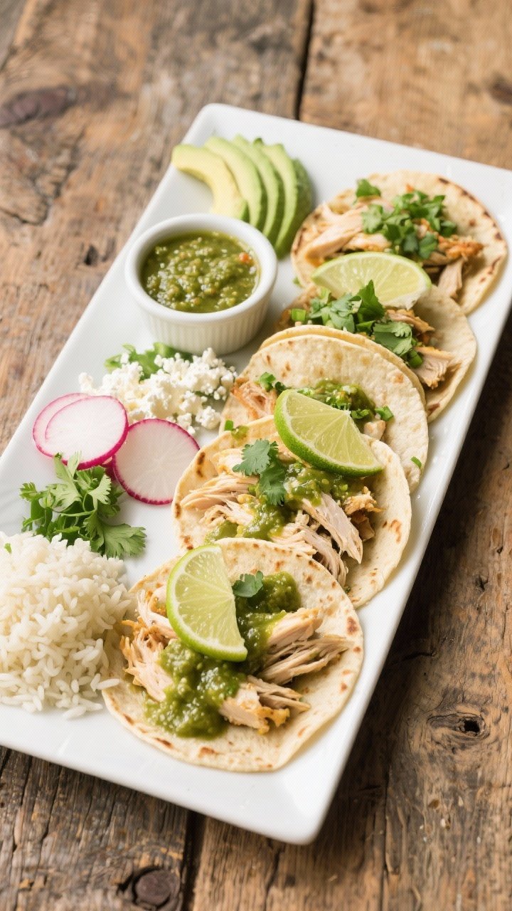 Overhead final presentation: salsa verde chicken taco board—warm tortillas, neatly piled juicy shr