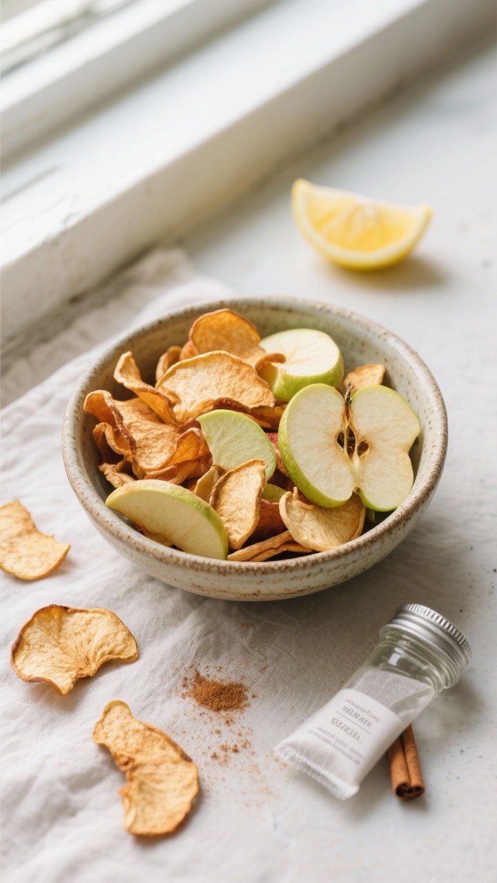 Overhead final presentation shot of a rustic ceramic bowl filled with assorted dehydrated apple chip