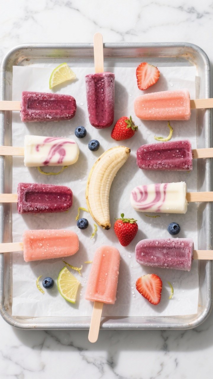 Overhead “final presentation” shot of assorted Banana Berry Smoothie Pops arranged in a neat gri