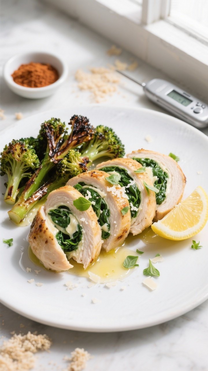 Overhead final presentation: Sliced spinach-stuffed chicken breast fanned on a matte white plate, sh