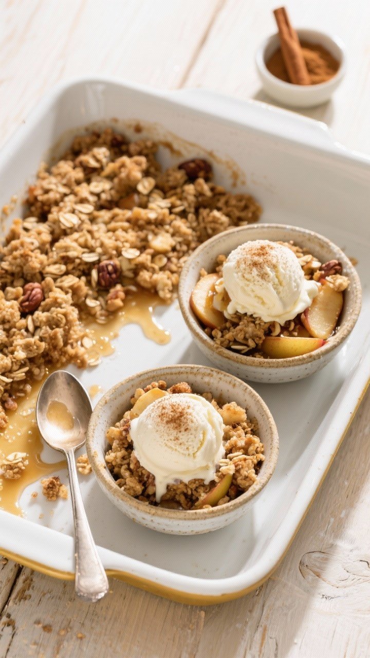 Overhead final presentation: Tasty of individual servings of gluten-free apple crumble in rustic cer