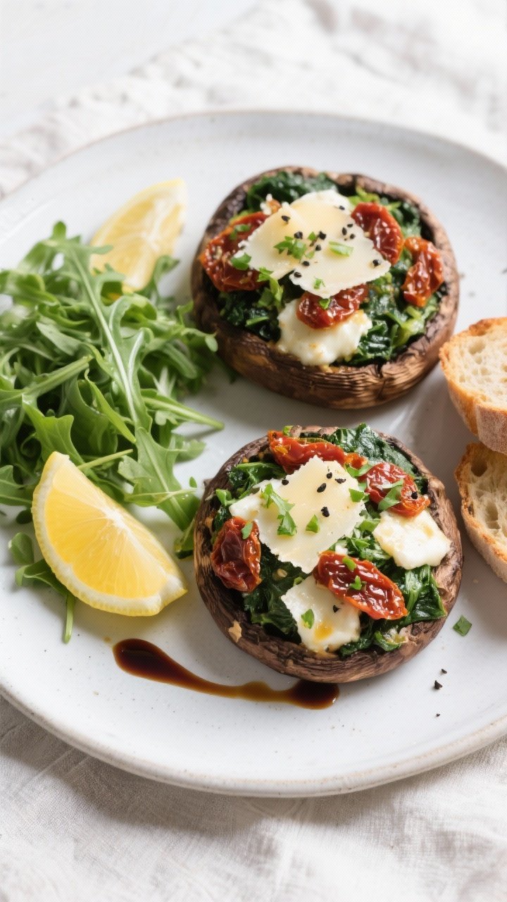 Overhead final presentation: two stuffed portobello caps plated on a matte white ceramic plate with 