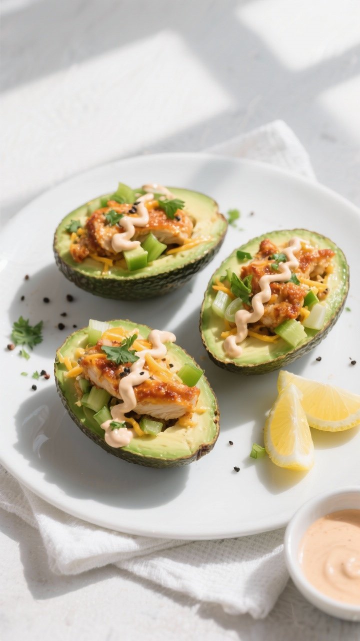 Overhead final presentation: Two to three buffalo ranch chicken stuffed avocados arranged on a matte