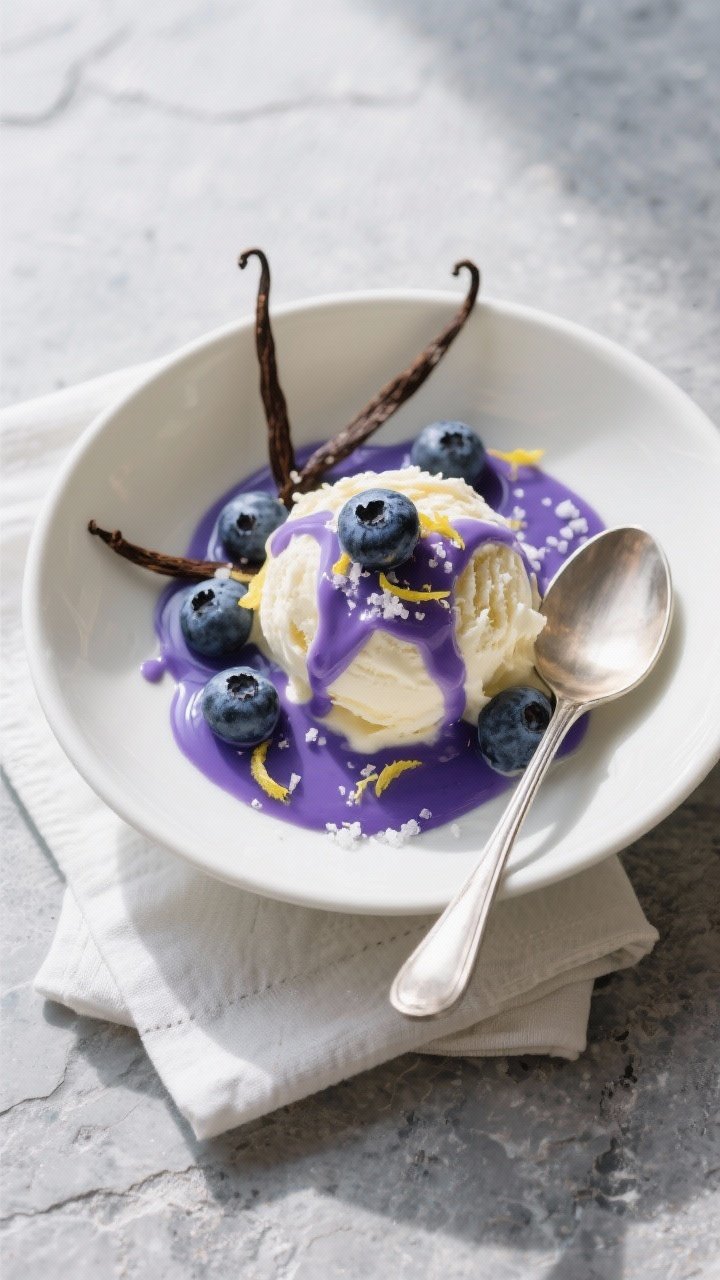 Overhead final presentation: warm baked blueberries spooned over a scoop of vanilla ice cream in a m