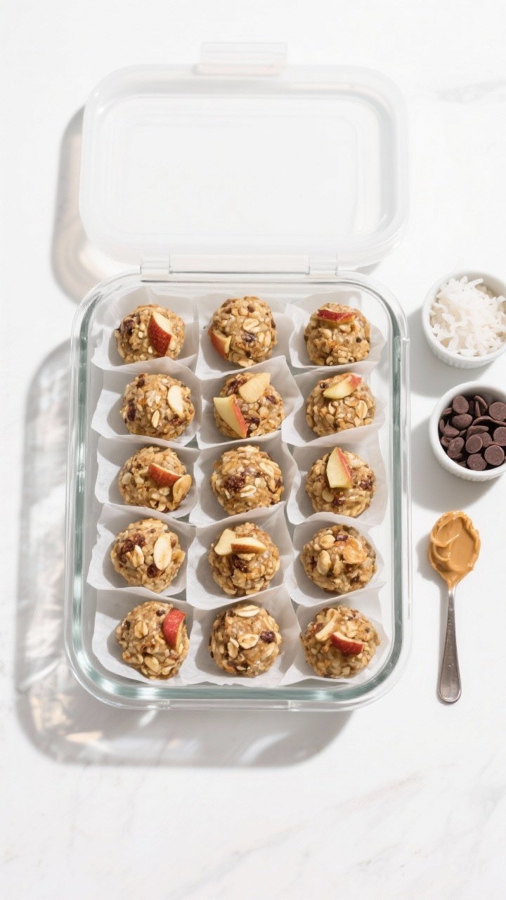 Overhead “meal-prep” presentation of the final Apple Cinnamon Energy Bites: a neat grid of 18–