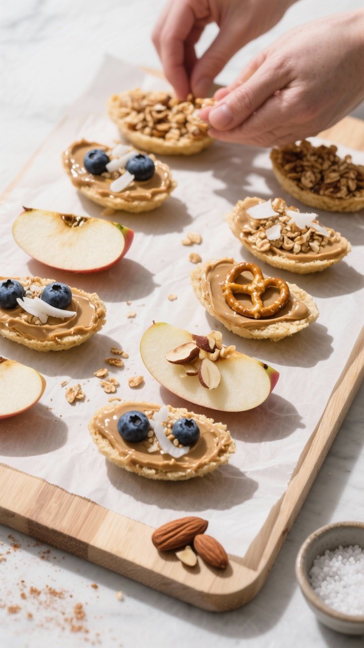 Overhead process shot showing the assembly stage: a parchment-lined board with neatly arranged apple