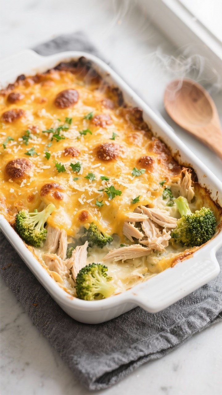 Overhead shot of a bubbling Low Carb Cheesy Chicken & Broccoli Bake just out of the oven, golden-bro