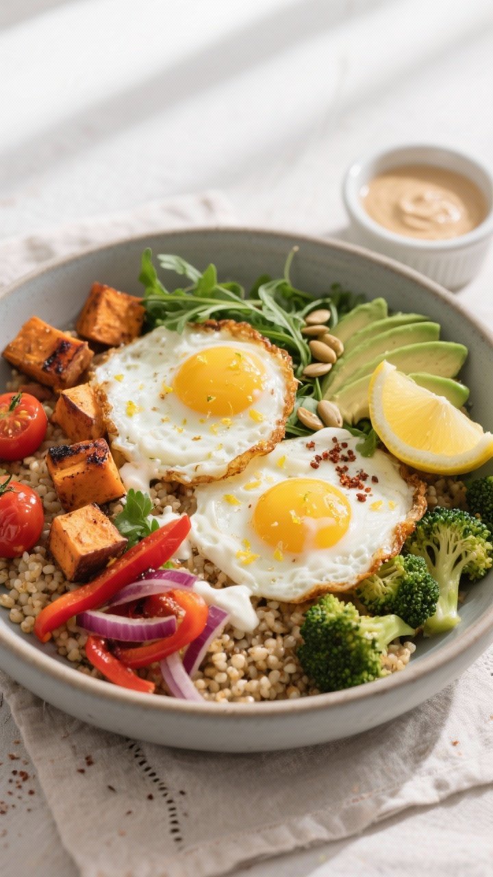 Overhead shot of a freshly assembled Roasted Veggie & Egg Bowl: warm quinoa base topped with caramel