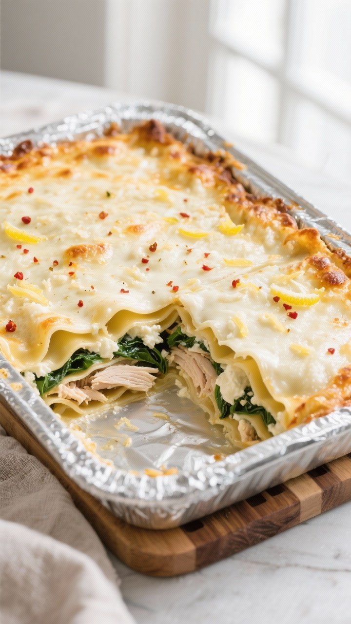 Overhead shot of a freshly baked creamy white lasagna in a 9x13 baking dish, foil just removed, top 