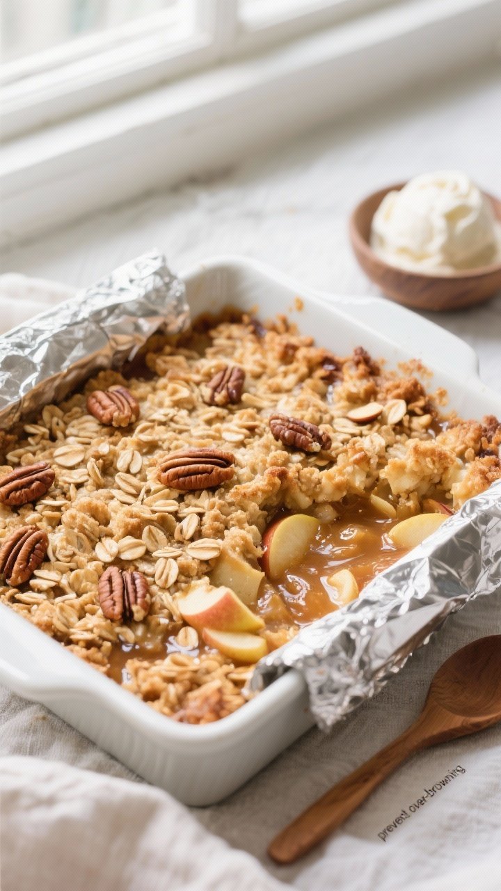 Overhead shot of a freshly baked vegan apple crisp in a 9-inch square baking dish, golden-brown oat-