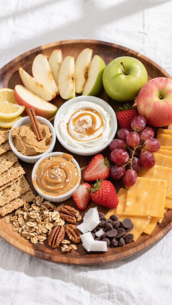 Overhead shot of a fully assembled Easy Apple Snack Board on a large wooden platter: fanned wedges o