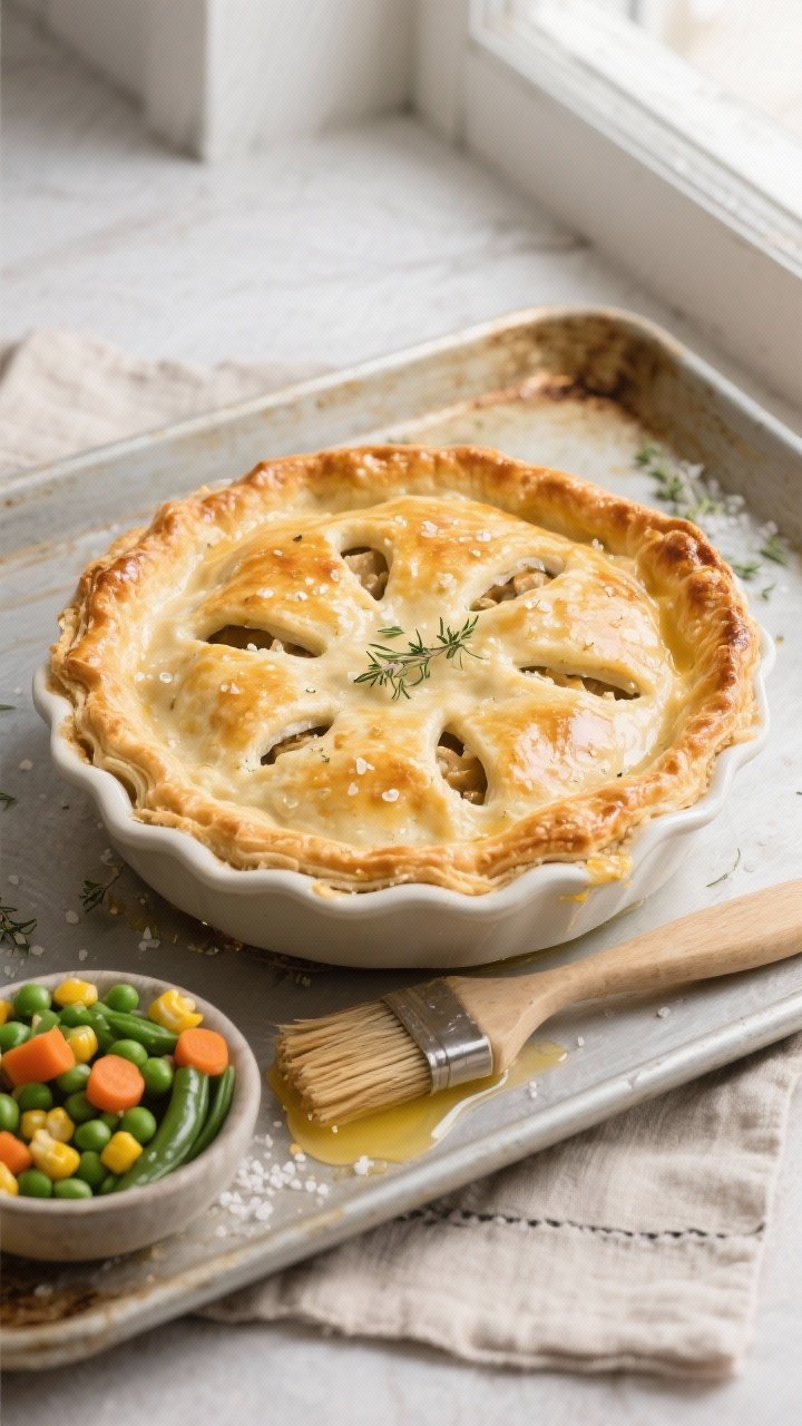 Overhead shot of a just-baked Dump-and-Go Creamy Chicken Pot Pie in a deep 9-inch pie dish set on a 