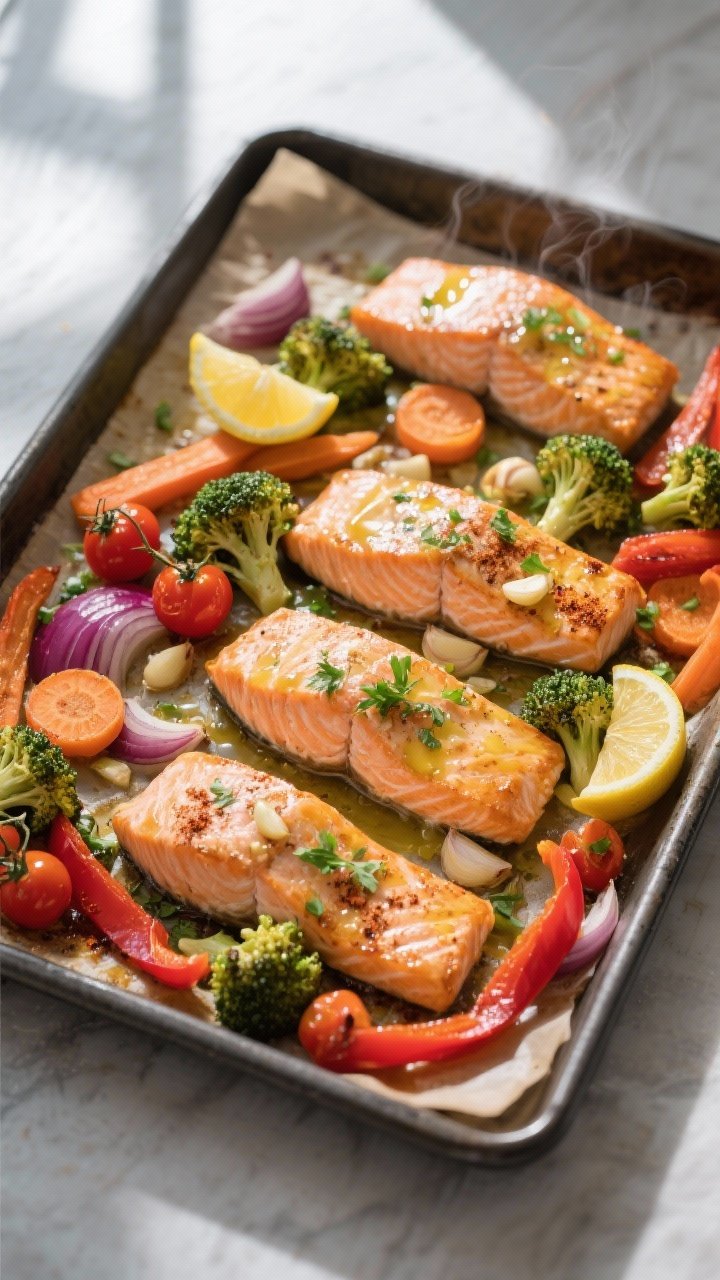 Overhead shot of a just-out-of-the-oven sheet pan of baked garlic salmon with veggies: four salmon f