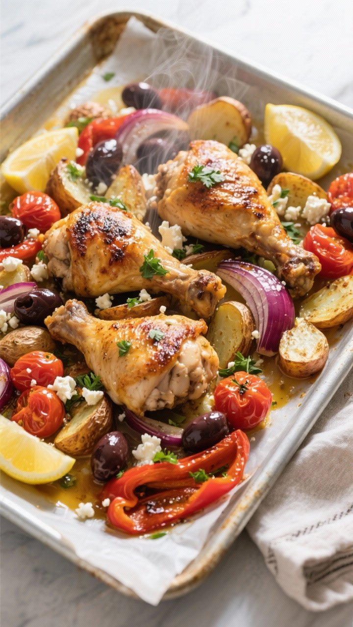 Overhead shot of a just-roasted one-pan Mediterranean chicken bake on a 13x18 rimmed sheet pan: cris
