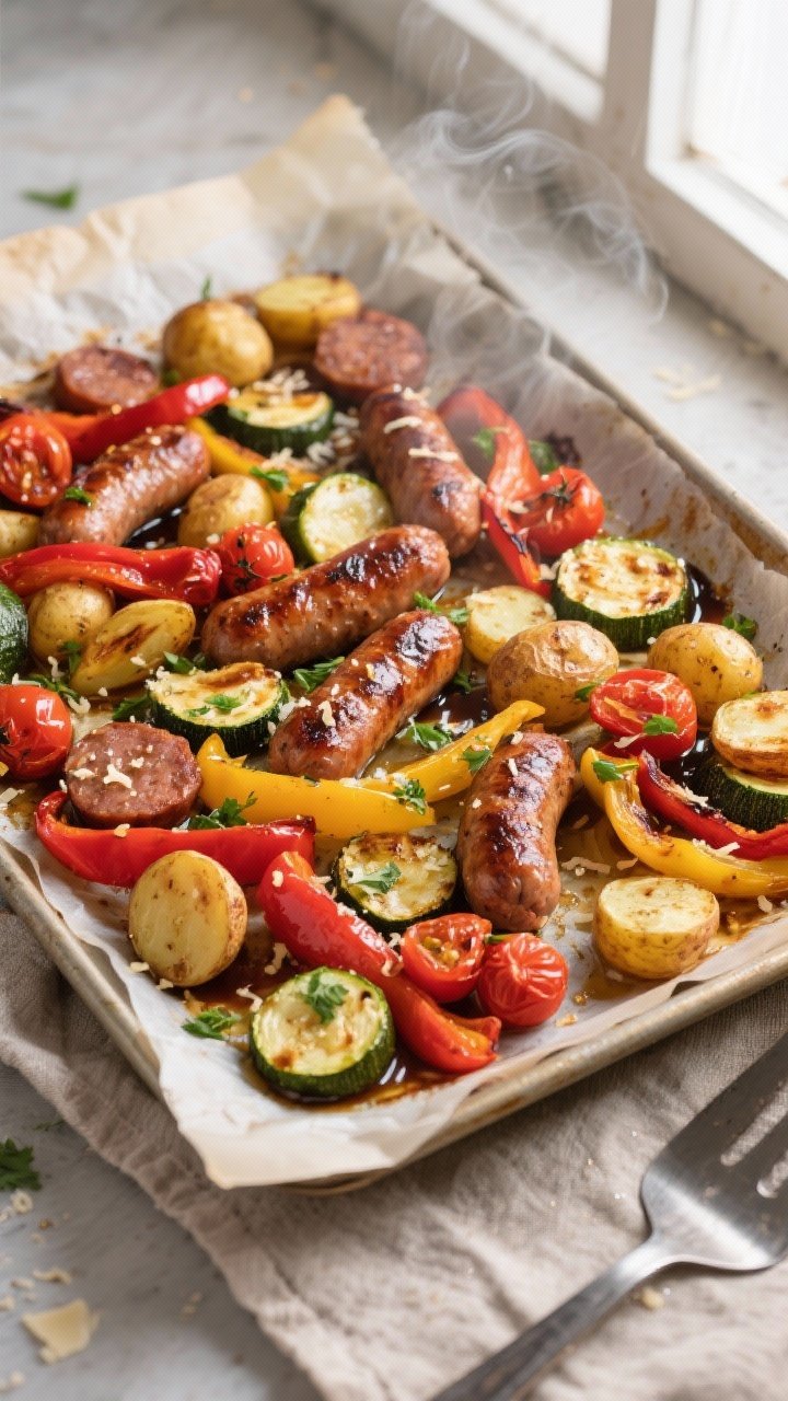 Overhead shot of a just-roasted One-Pan Sausage & Veggie Bake on a parchment-lined sheet pan, taken 