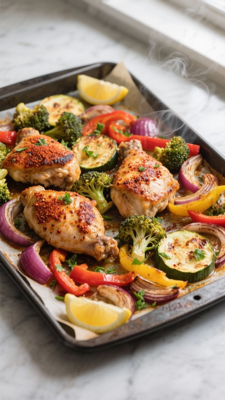 Overhead shot of a just-roasted sheet pan of Spicy Cajun Chicken with Roasted Veggies pulled from th