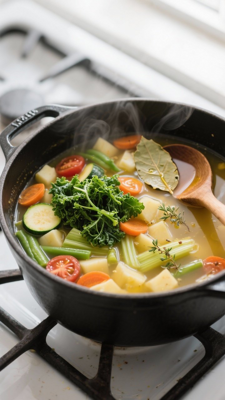 Overhead shot of a simmering pot of broth-based veggie soup mid-cook: tender diced potatoes and gree