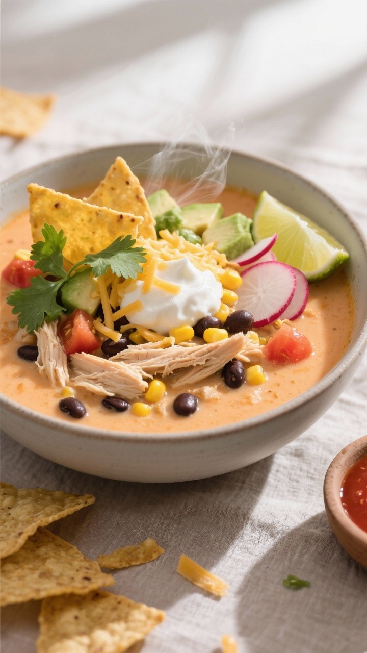 Overhead shot of a steaming bowl of Creamy Chicken Tortilla Soup just after finishing, showing velve