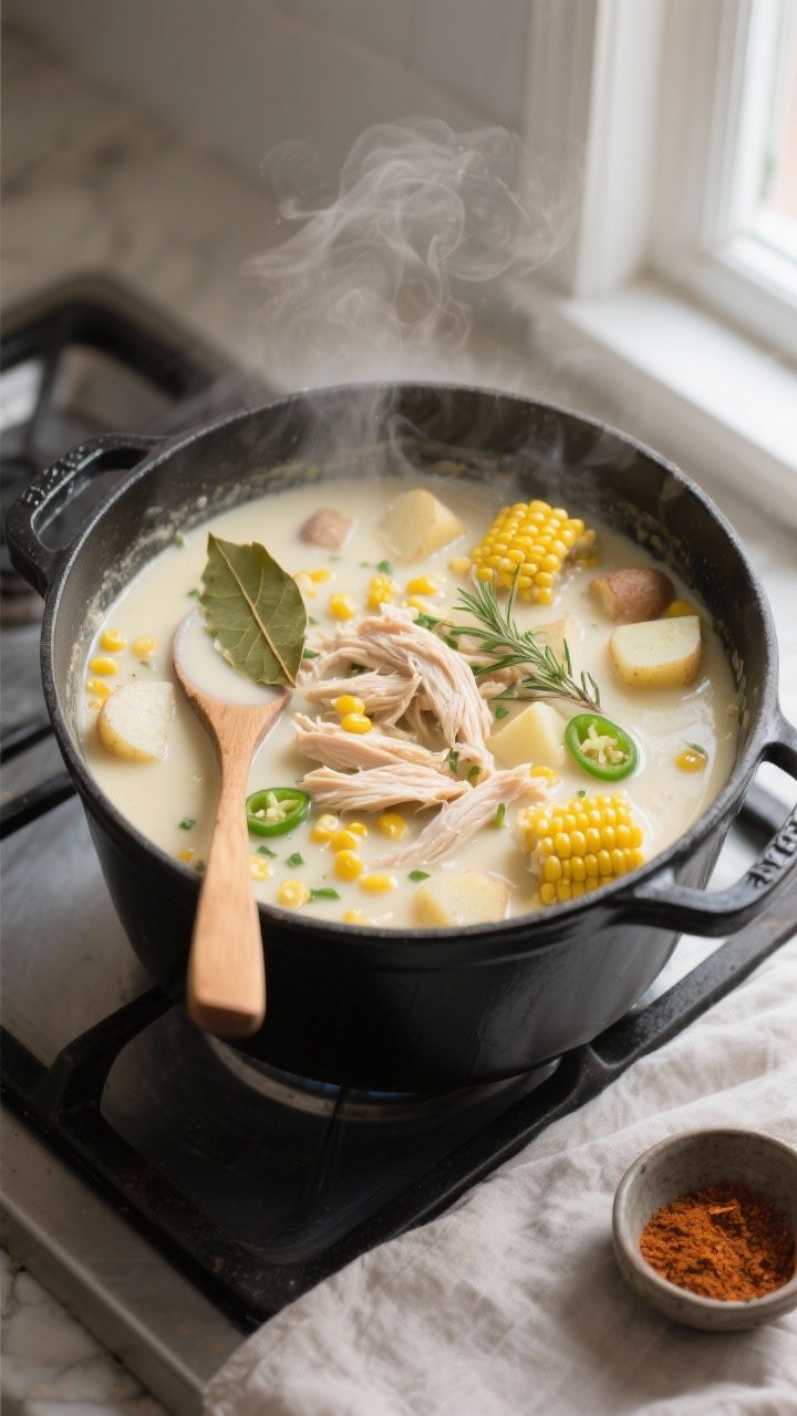 Overhead shot of a steaming pot of creamy corn and chicken chowder mid-simmer on the stovetop, showi