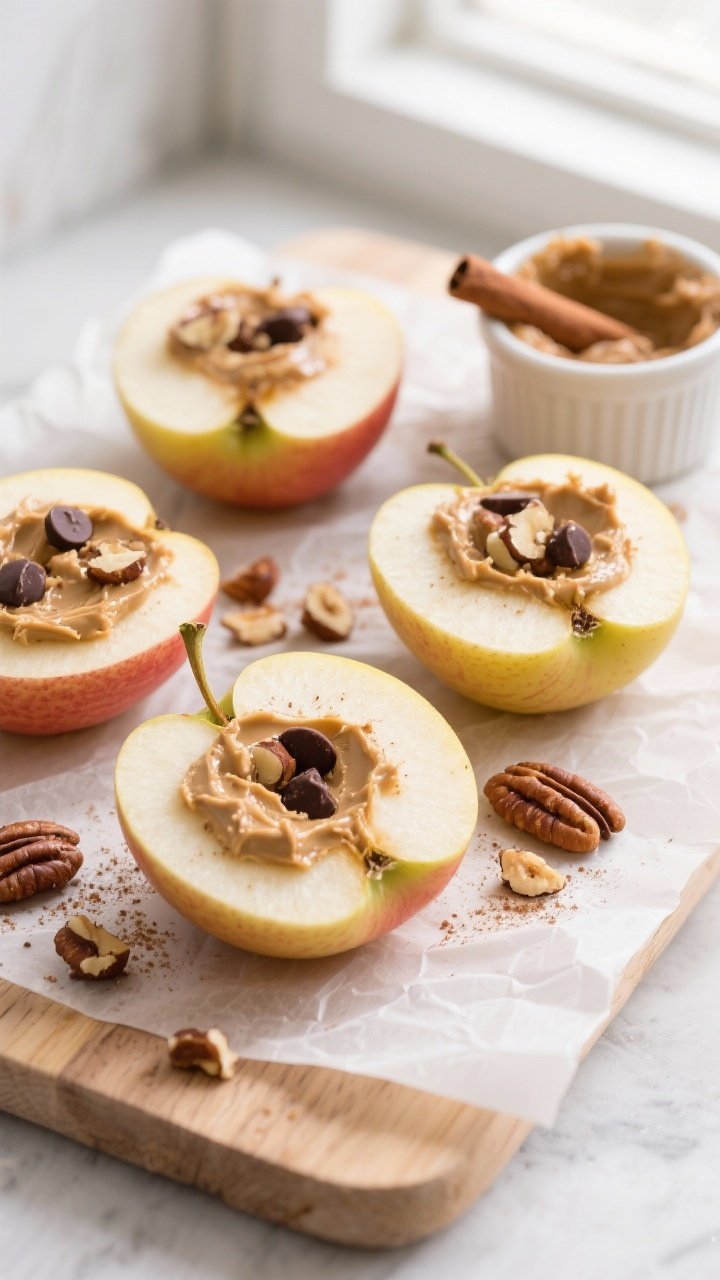 Overhead shot of Almond Butter Stuffed Apple halves just after stuffing: crisp Honeycrisp apple halv