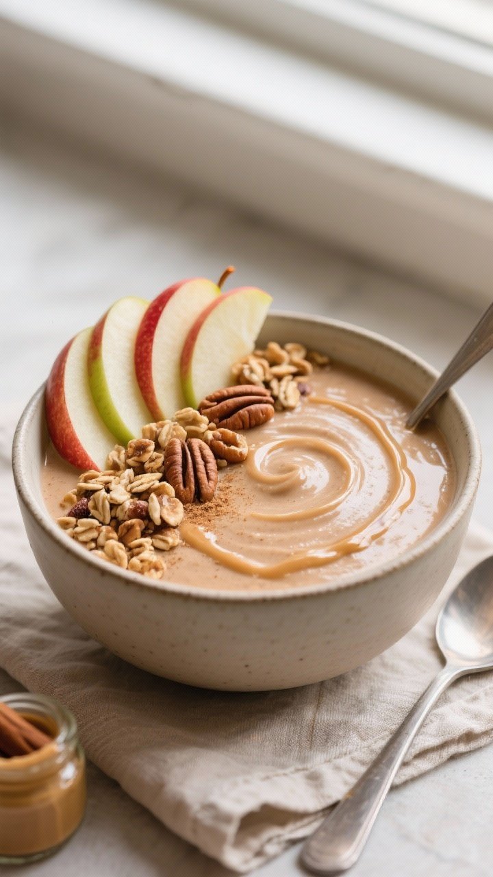 Overhead shot of an Apple Cinnamon Smoothie Bowl just poured and topped, thick and spoonable with a 