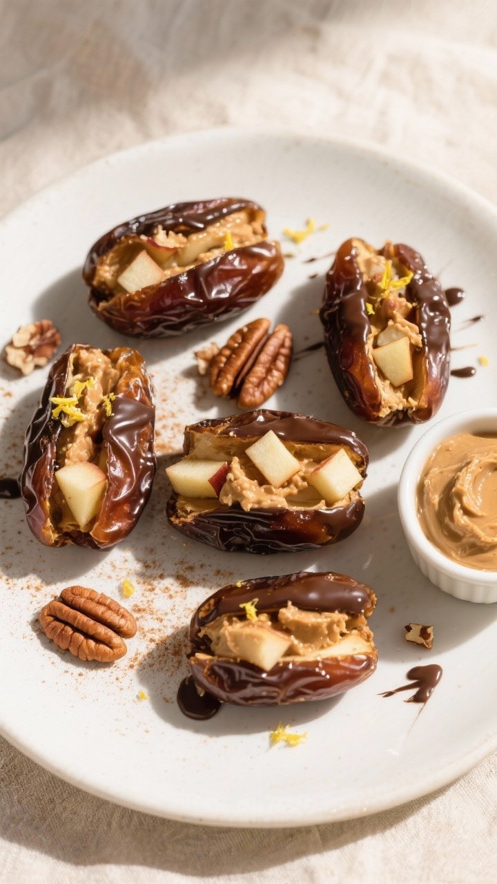 Overhead shot of Apple Cinnamon Stuffed Dates on a matte white platter, all prepped and finished: gl