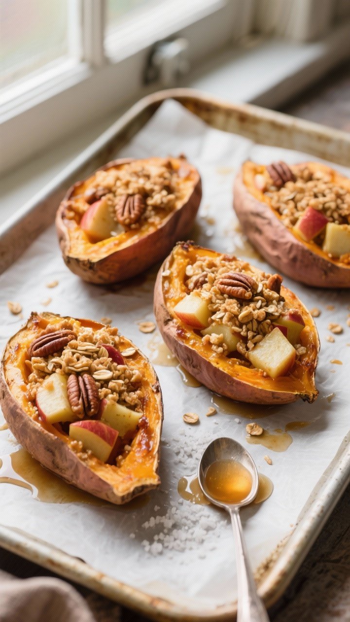 Overhead shot of Apple Crumble Stuffed Sweet Potatoes just out of the oven: four split, caramelized 