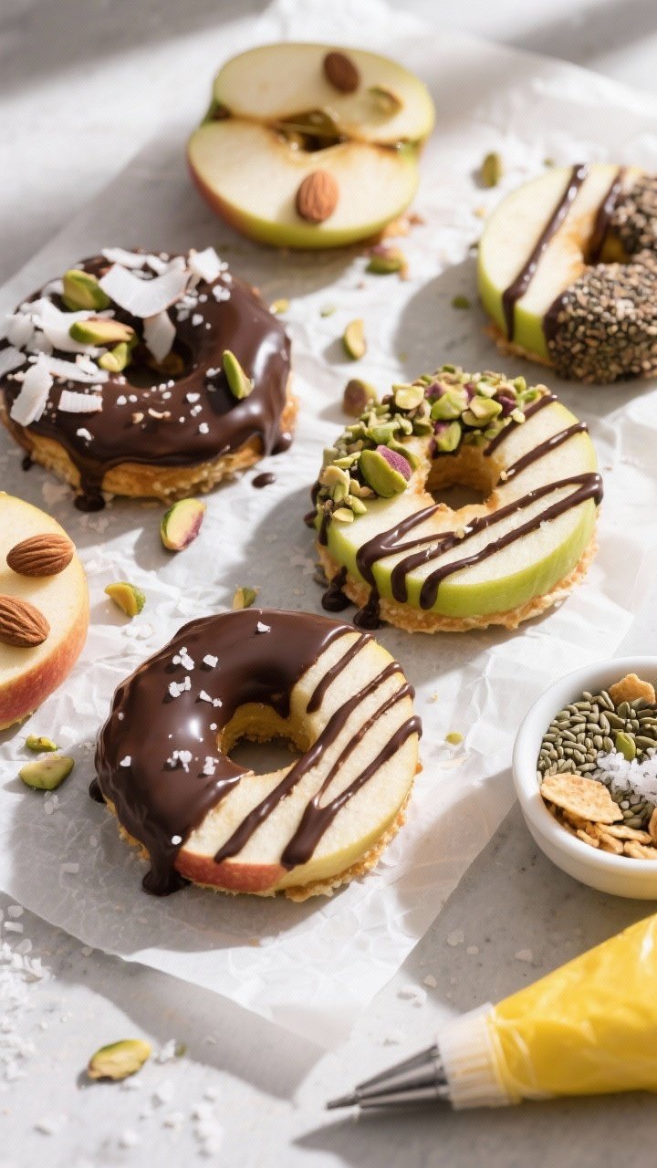 Overhead shot of assembled apple “donut” slices on a parchment-lined sheet, freshly drizzled wit