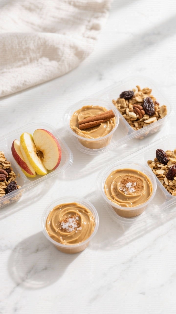Overhead shot of assembled apple snack packs ready to grab-and-go: four small clear containers fille