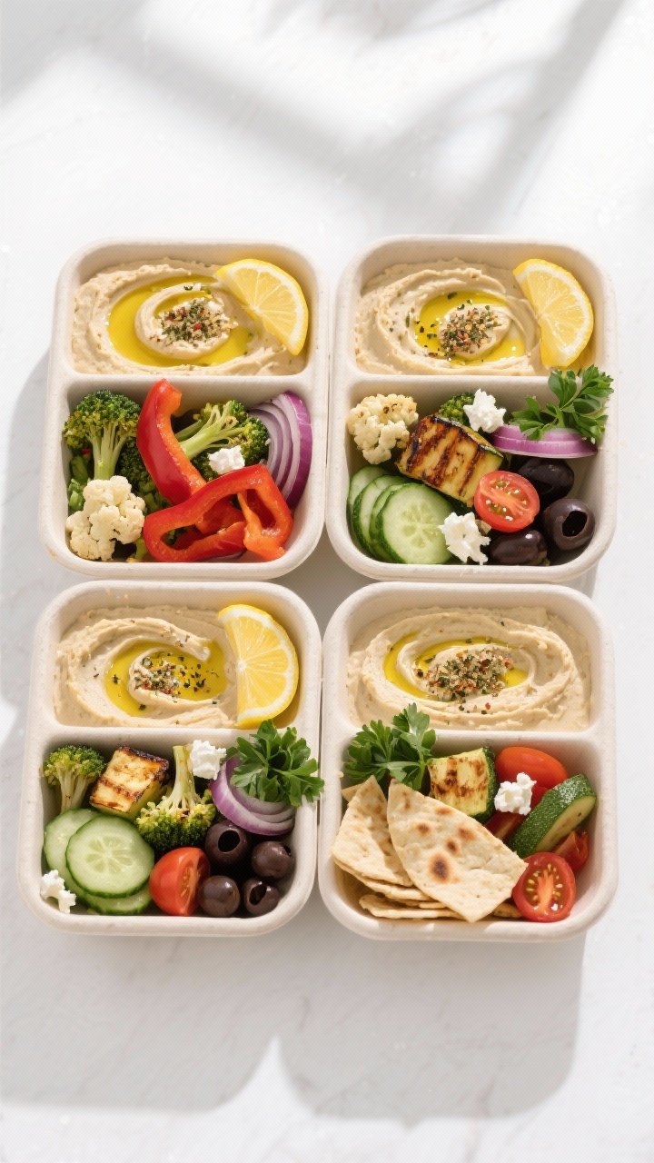 Overhead shot of assembled Roasted Veggie & Hummus Bento Boxes: four-compartment containers filled w