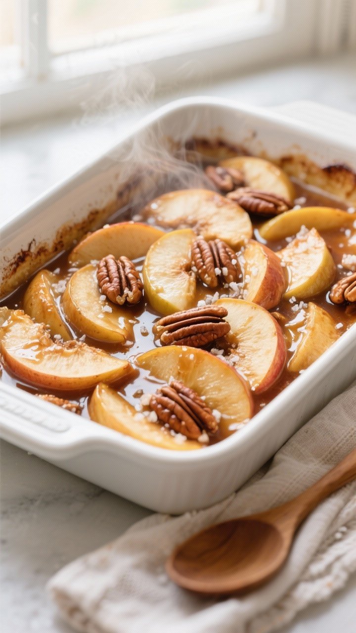 Overhead shot of baked cinnamon apples just out of the oven in a 9x13 white ceramic baking dish: ten