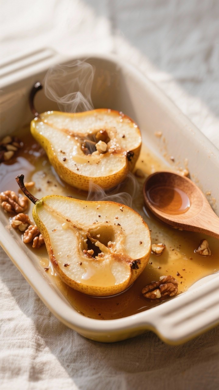 Overhead shot of baked pear halves just out of the oven, cut-side up in a lightly buttered ceramic b