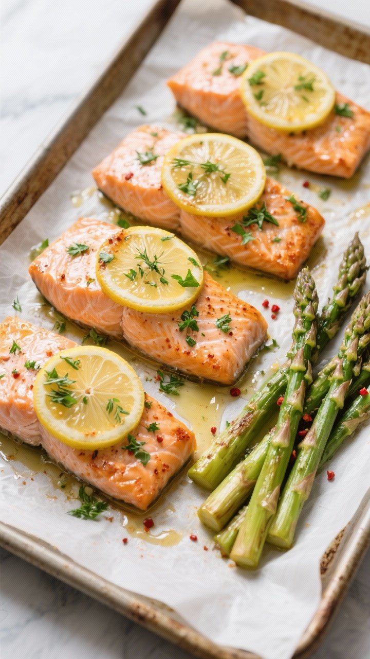 Overhead shot of baked salmon and asparagus just out of the oven on a parchment-lined sheet pan, sho