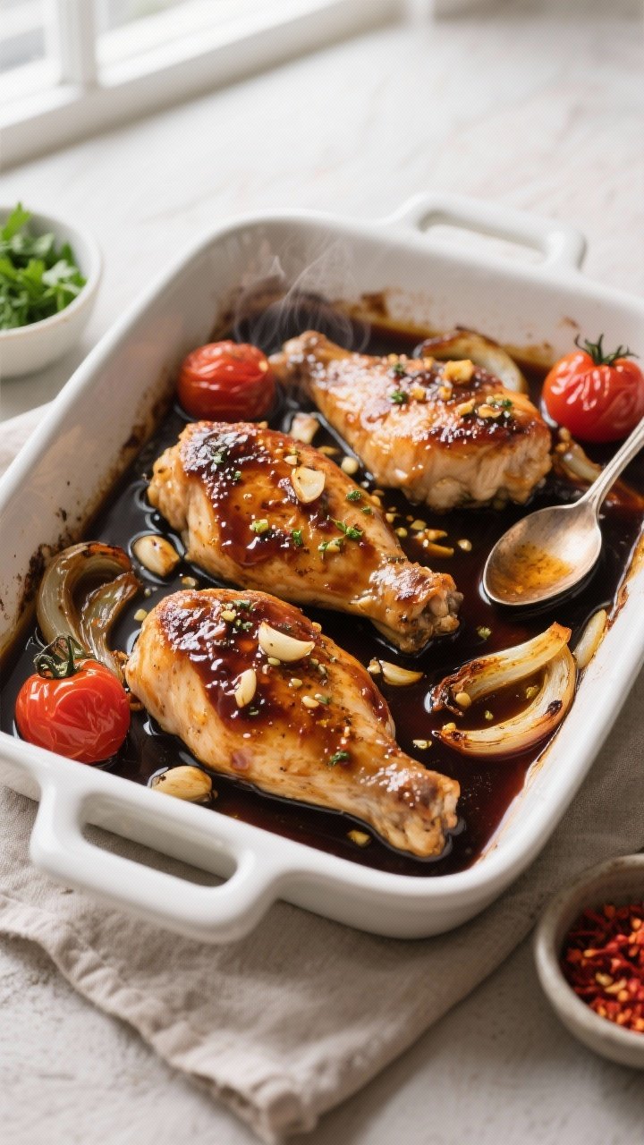 Overhead shot of balsamic garlic chicken breasts just out of the oven in a white enamel baking dish,
