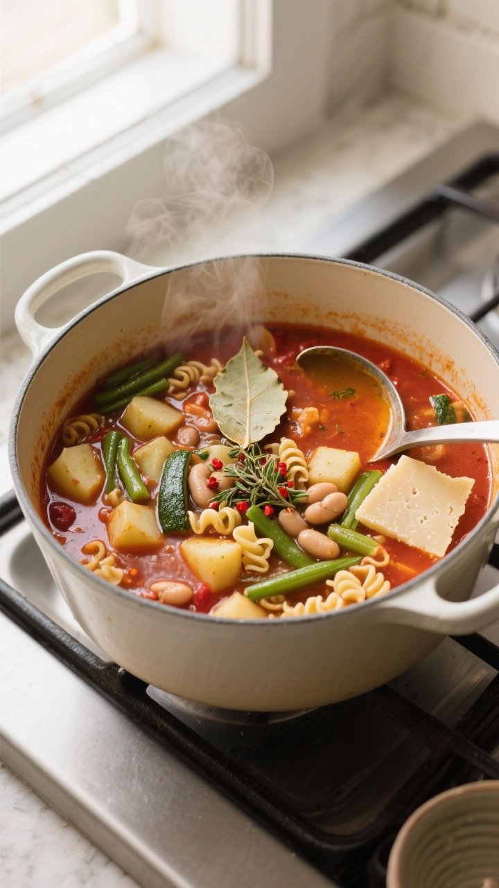 Overhead shot of classic minestrone in a wide, enameled soup pot at a gentle simmer, showing tender 