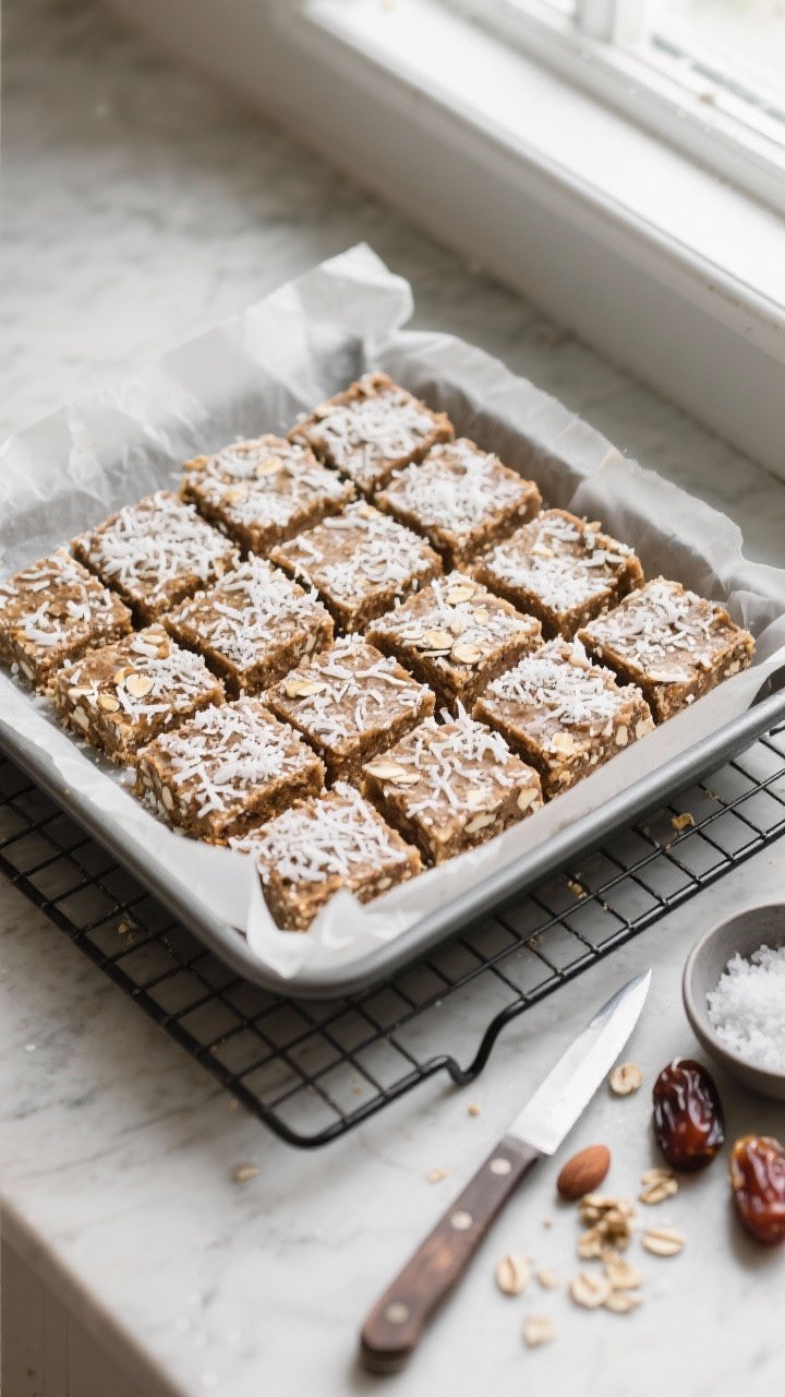 Overhead shot of Coconut Date Energy Squares freshly set and sliced in the parchment-lined 8-inch sq