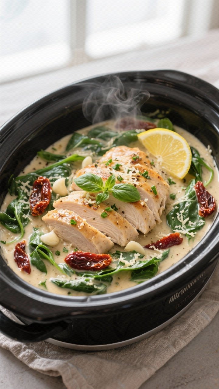 Overhead shot of creamy Tuscan crockpot chicken just after finishing, showing sliced tender chicken 