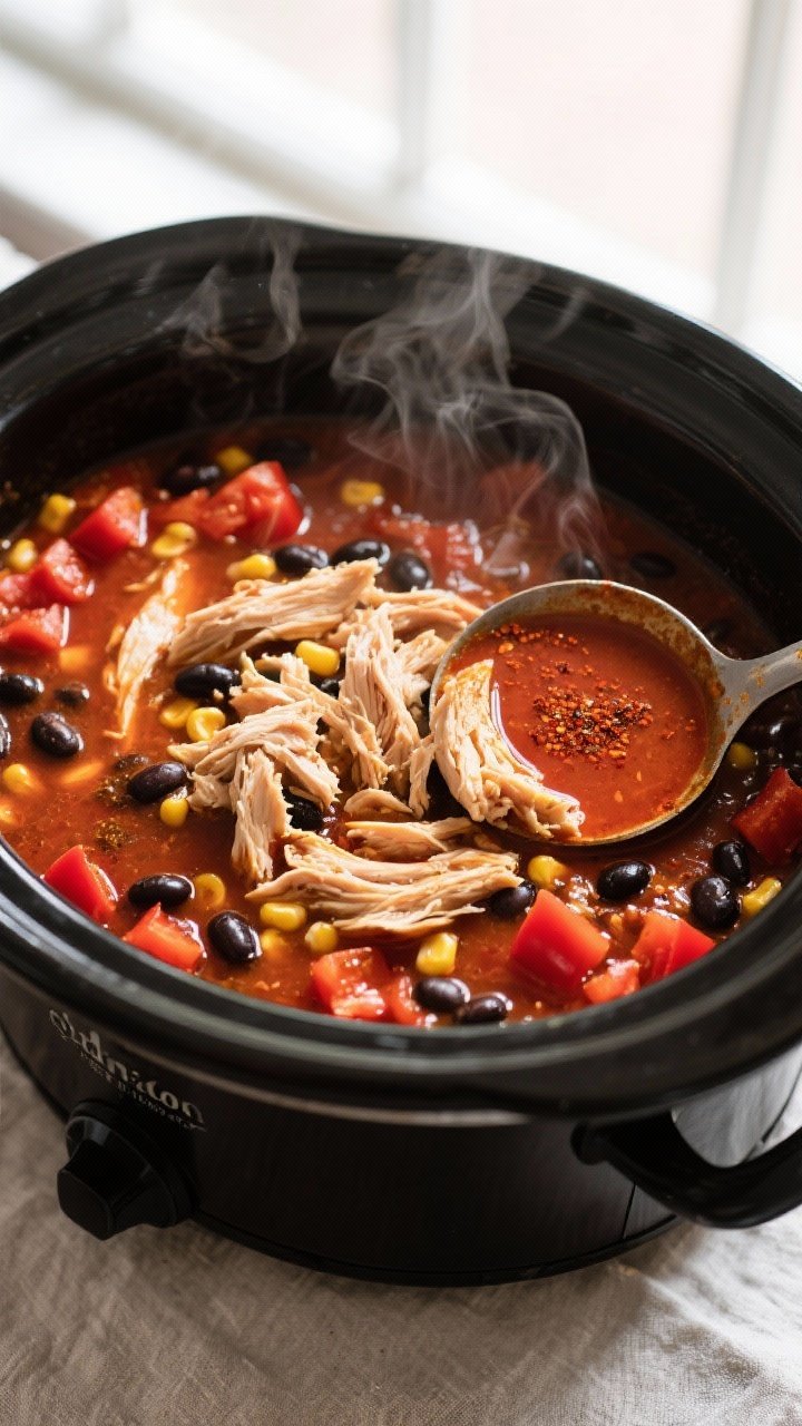 Overhead shot of Crockpot Chicken Tortilla Soup just after shredding and returning the chicken: stea